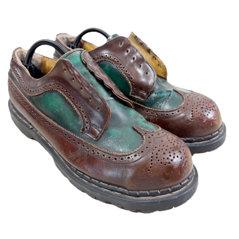VTG Gripfast Men 11 Brogue England Wingtip Shoes Painted Green/Brown Steel Toe